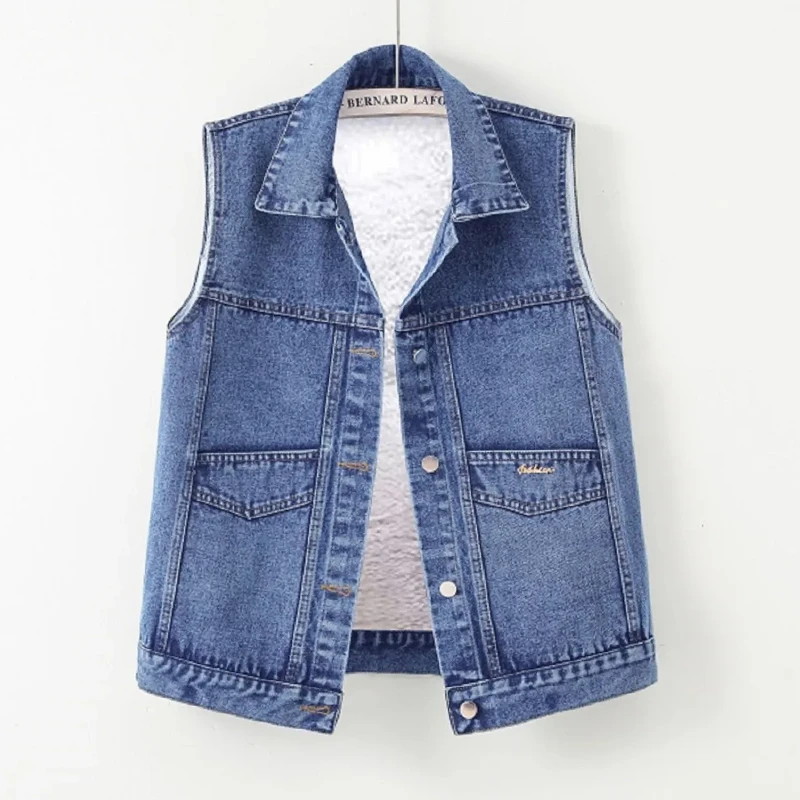 2024秋季新款加绒加厚保暖牛仔马甲外套女大口袋马夹休闲百搭刺绣