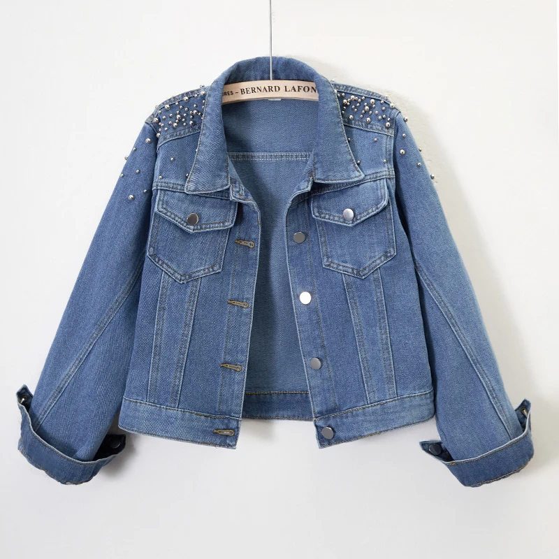2024春秋新款复古水洗做旧牛仔外套女钉珠时髦短款宽松夹克上衣潮