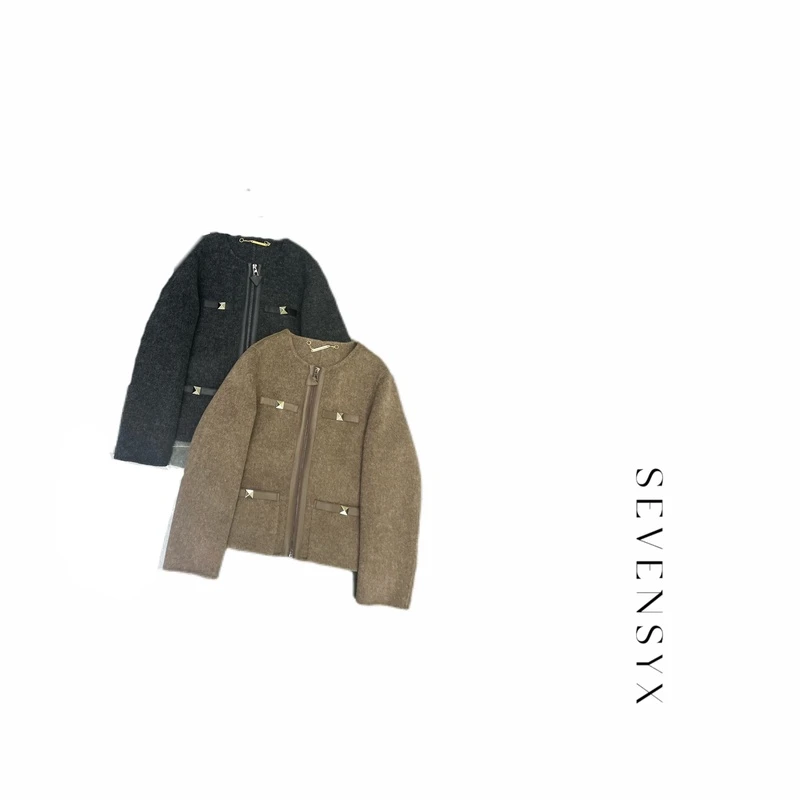 【100%羊毛拼接绵羊皮双面尼】纯手工细支数大衣双面毛呢短外套不扎