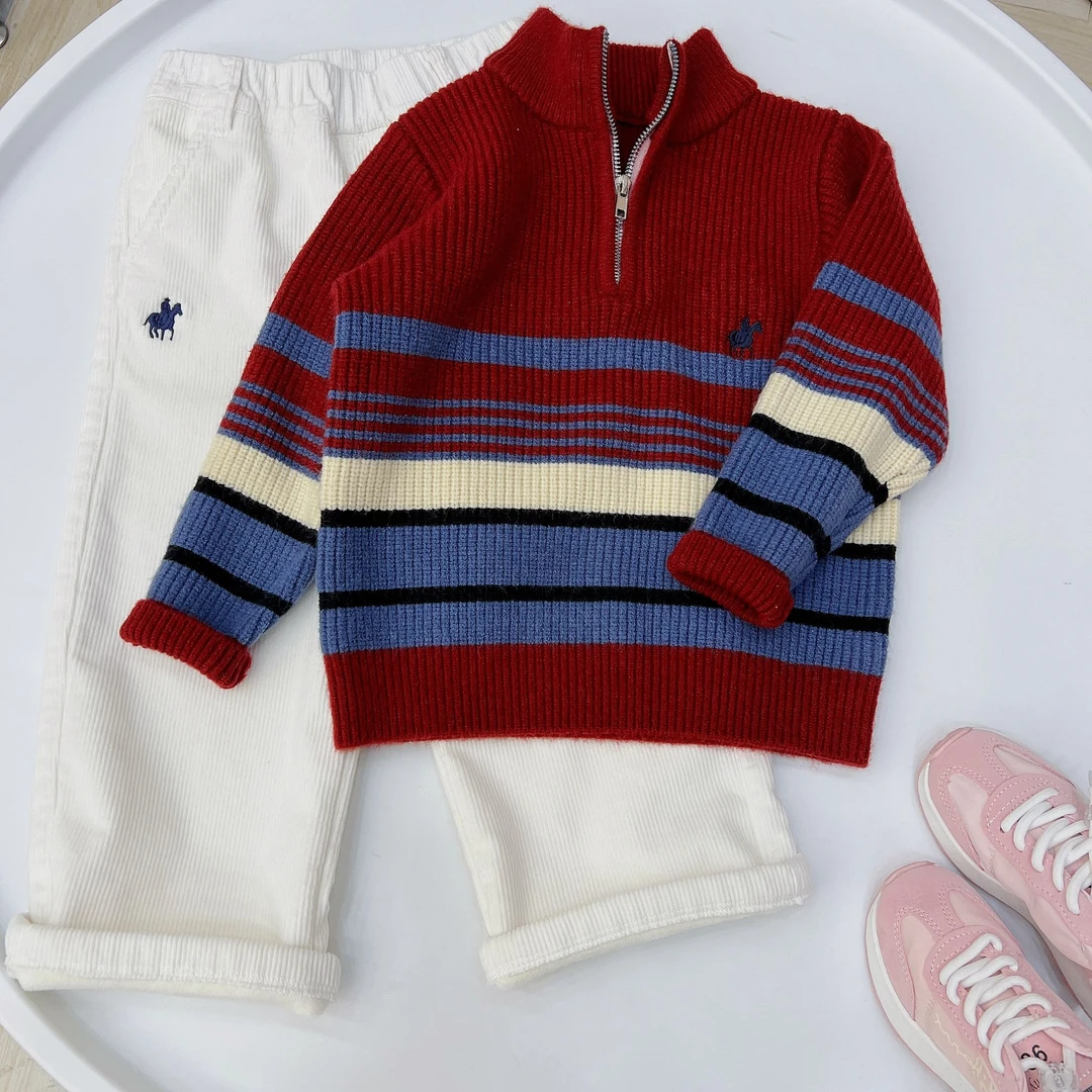 儿童秋冬新款立领安哥拉红色毛衣时尚休闲条纹拉链套头洋气撞色