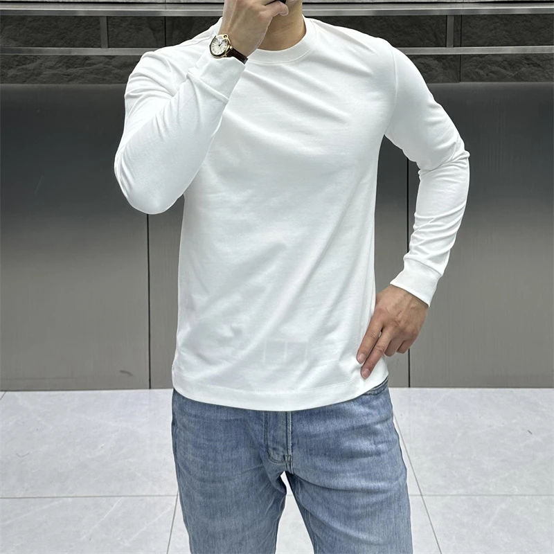 韩版修身长袖男士t恤春秋纯棉净版圆领内搭上衣潮流简约打底衫男
