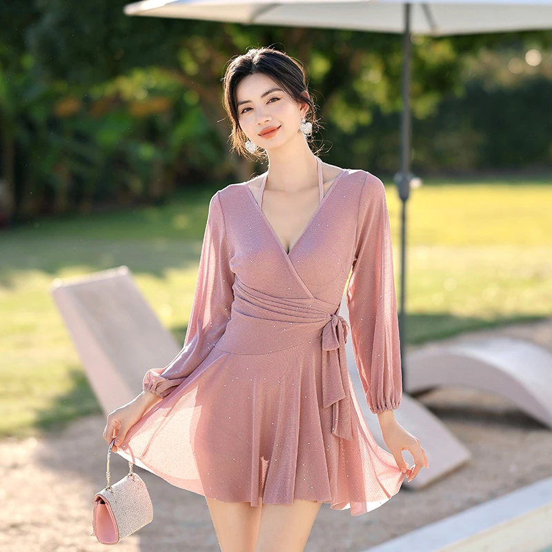 显瘦长袖夏季时尚气质遮肚保守好看女士度假连体裙式泳衣聚拢高级