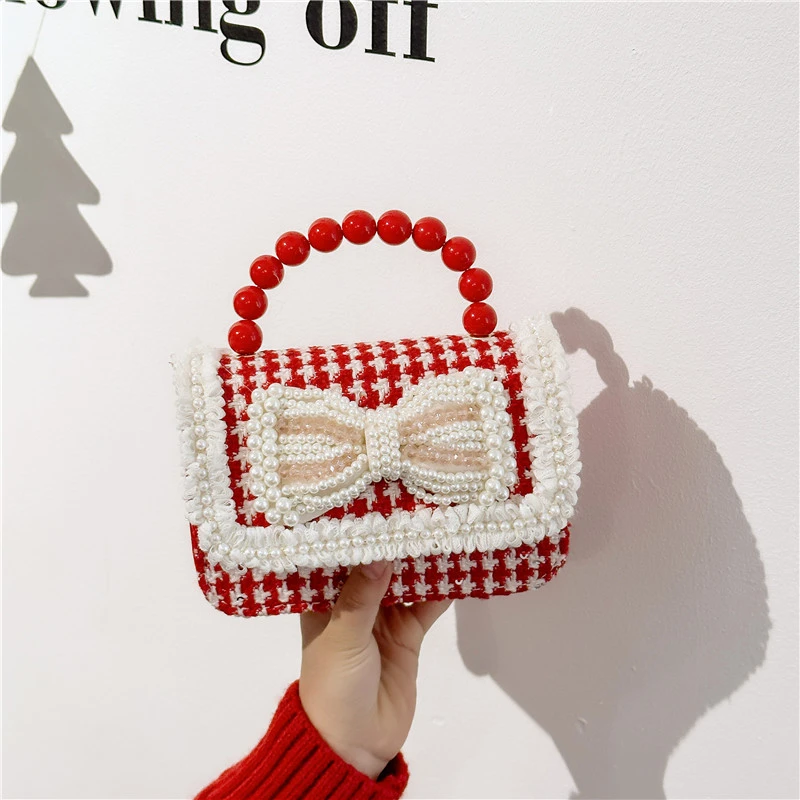 可爱儿童新年红时尚珍珠手提包潮流百搭链条斜跨包女童零钱单肩包