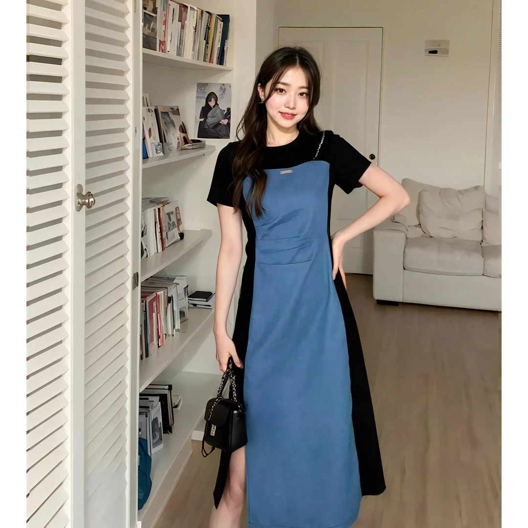 2024夏季新款胖mm裙子遮肚显瘦A字短裙大码复古牛仔拼接连衣裙女