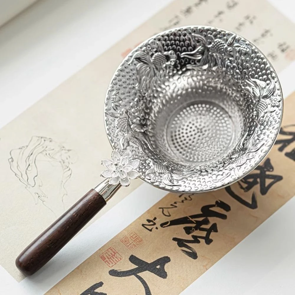 创意莲花实木手柄不锈钢茶漏新中式家用滤茶神器精细密滤茶道配件