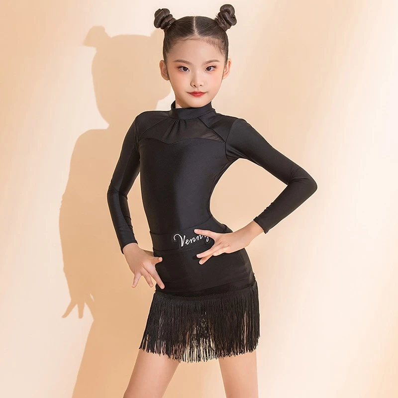 薇妮舞美拉丁舞练功服女秋冬长袖流苏半裙新款舞蹈服套装 VLH111