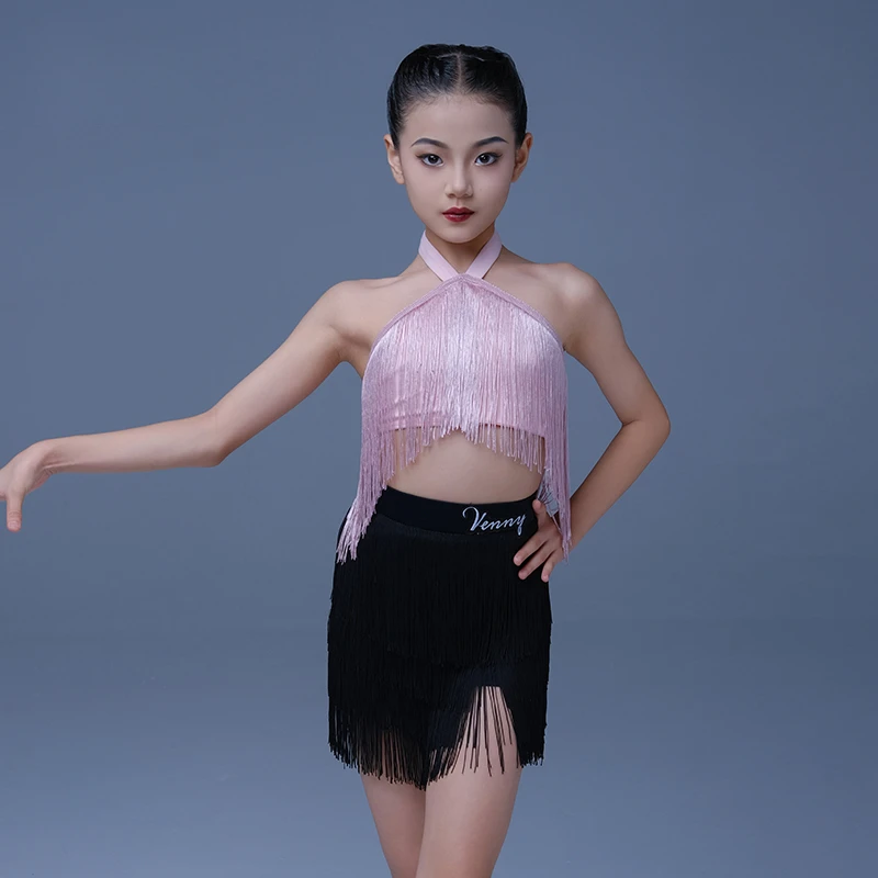 薇妮舞美拉丁舞训练服少儿夏季流苏舞蹈上衣短裙套装练功服两件套