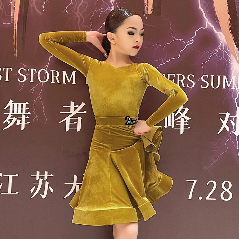薇妮舞美拉丁舞赛服新款长袖女儿童考级比赛表演超薄丝绒规定服