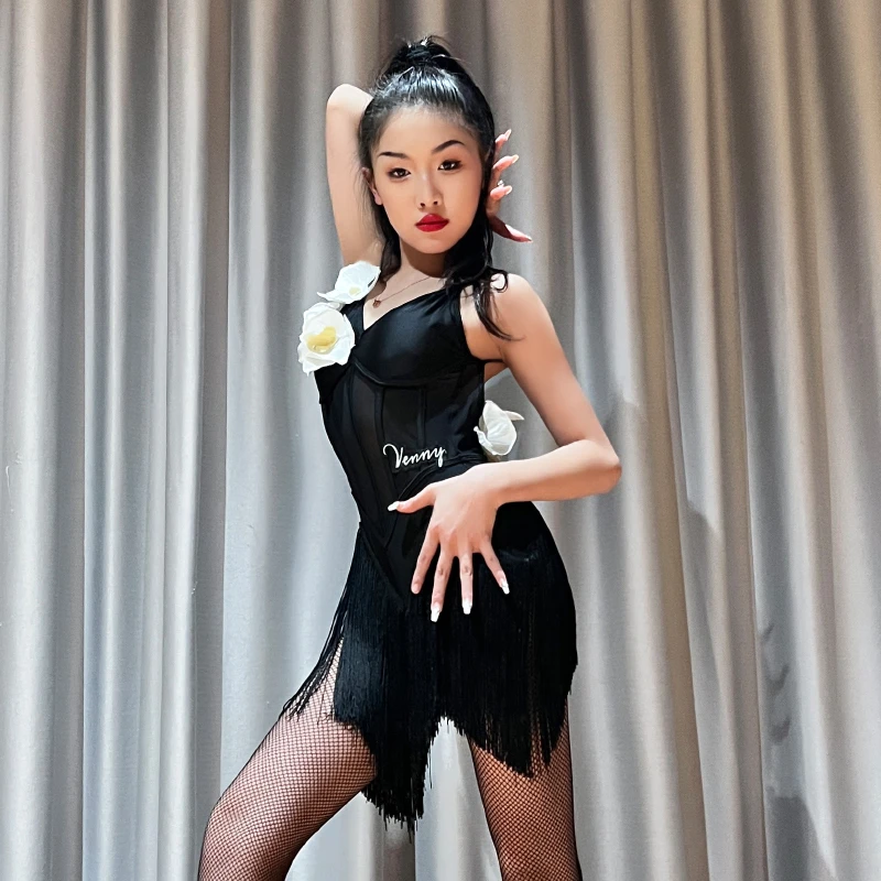 薇妮舞美拉丁舞服2025新款练功服女儿童连体训练服流苏舞蹈裙夏季