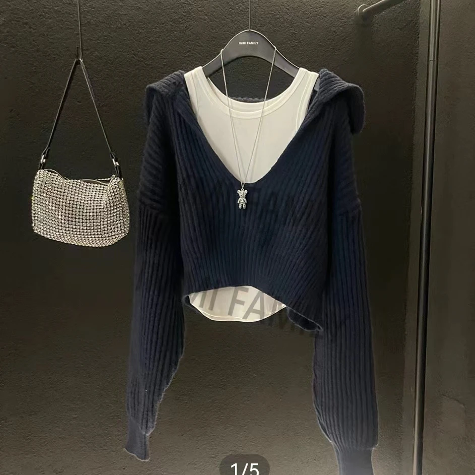 【赠运费险】开春新款针织衫长袖短款V领毛衣打底两件套时尚百搭