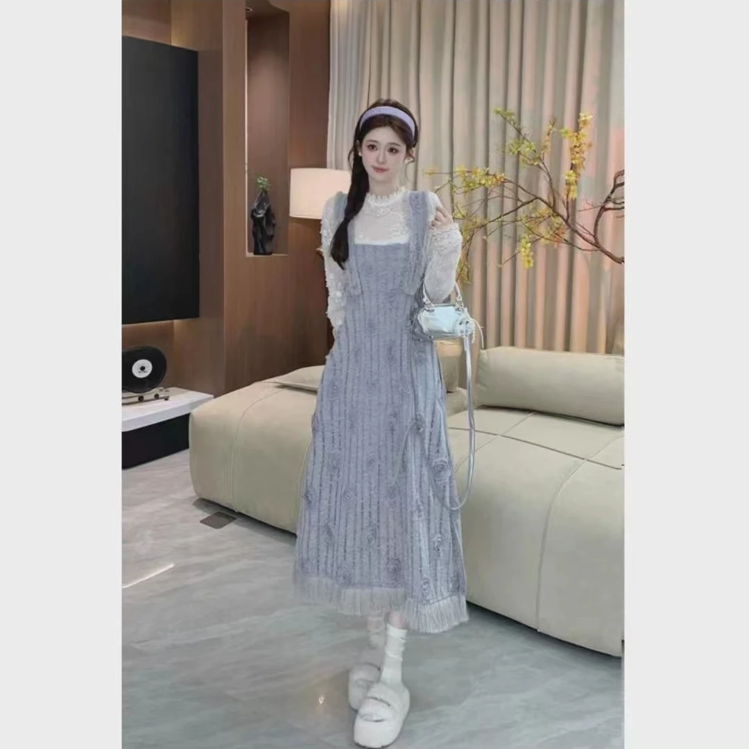 法式甜美风套装女宽松打底衫立体花朵背带连衣裙两件套秋季新款女