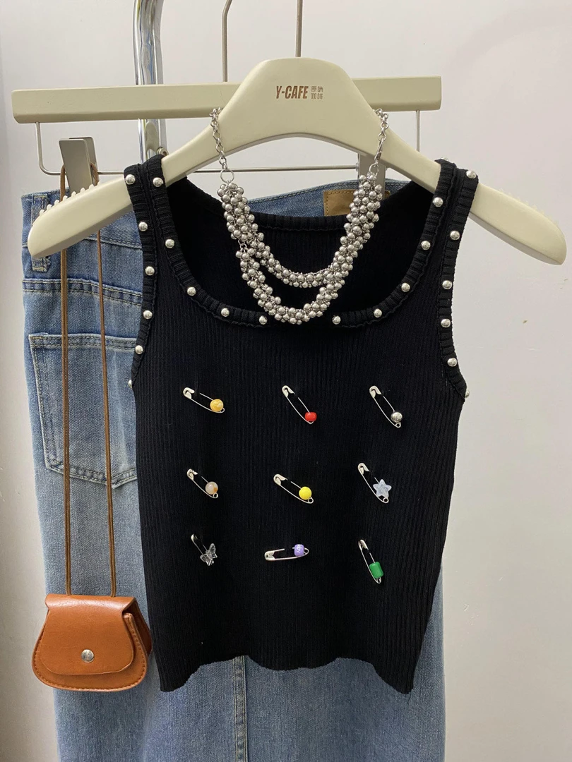 美式甜辣妹别针U领针织小吊带背心女夏季新款纯欲风无袖外穿上衣