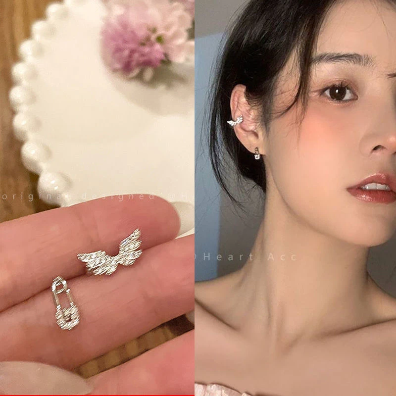 锆石翅膀不对称耳钉女2024年新款潮高级感气质耳饰韩国网红耳骨夹