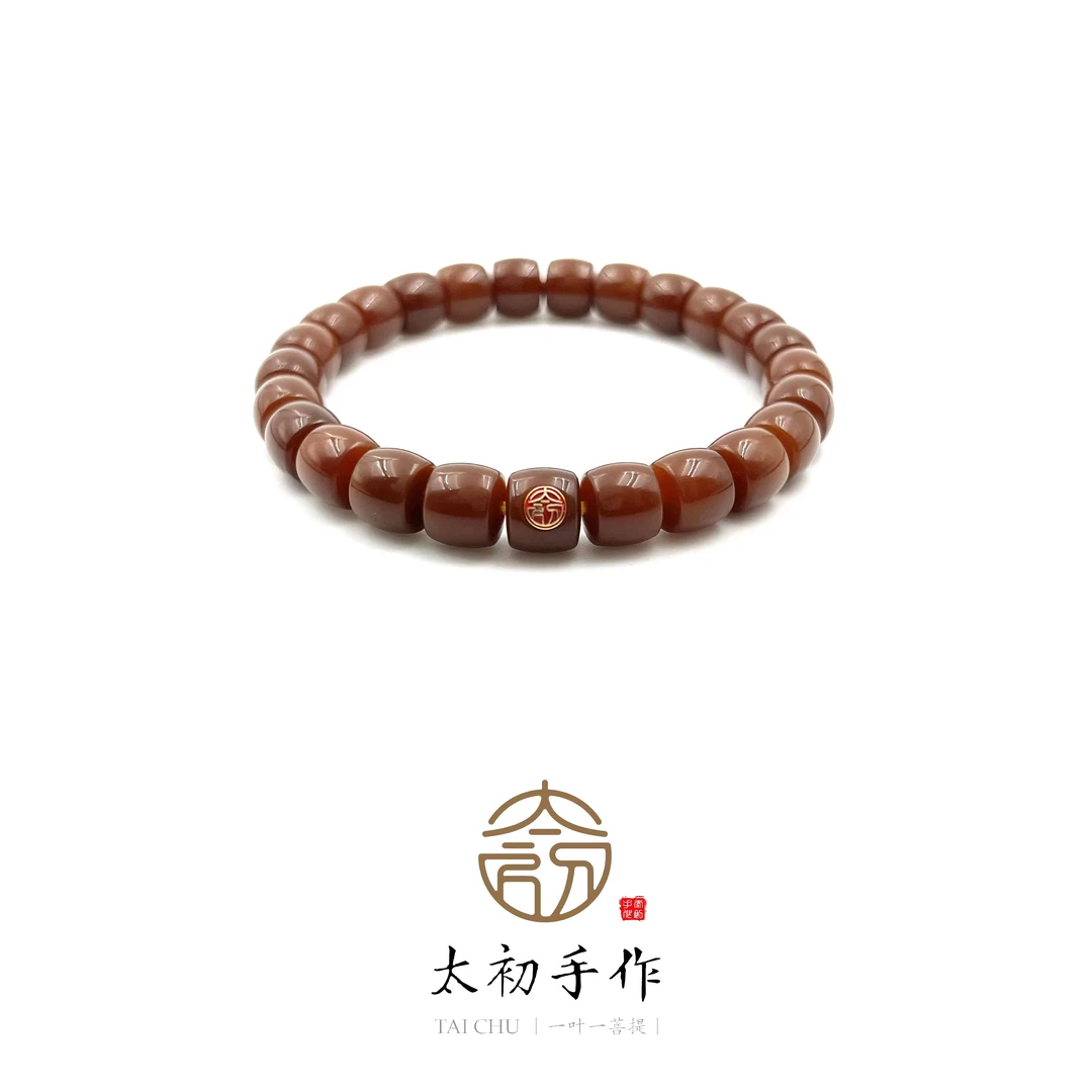 太初手作·燃情酒红-天然老料风化菩提根手串9*8mm直切