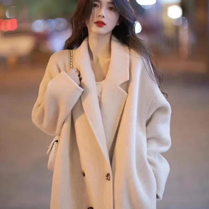 燕麦色双面毛呢大衣女秋冬2025新款中长款过膝韩系高级感呢子外套