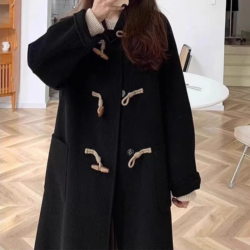 黑色双面毛呢大衣羊角扣中长款小个子秋冬宽松毛呢子外套2024新款