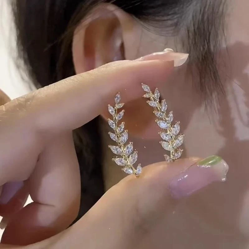 合金亚克力耳饰 满钻树叶耳钉精致麦穗耳环时尚气质小众设计耳饰