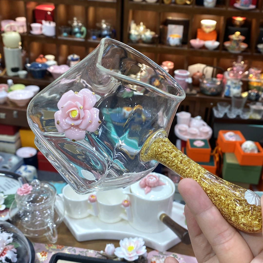 @@高硼硅玻璃玫瑰金箔侧把壶大容量350ml蓝色彩色日式可爱炫彩