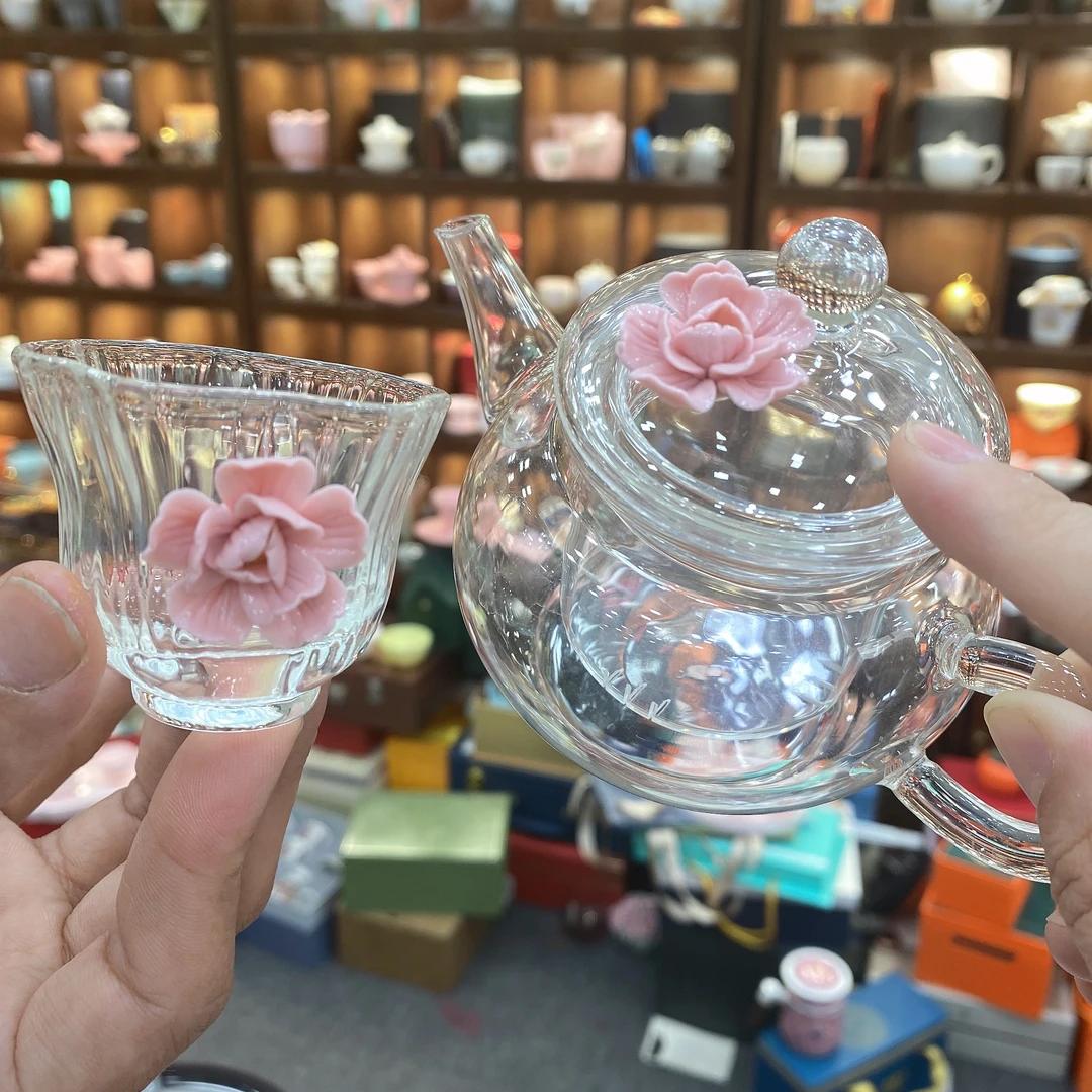 夏季必备花茶壶纯手工捏花牡丹高硼硅玻璃壶自带内胆(一壶一杯)