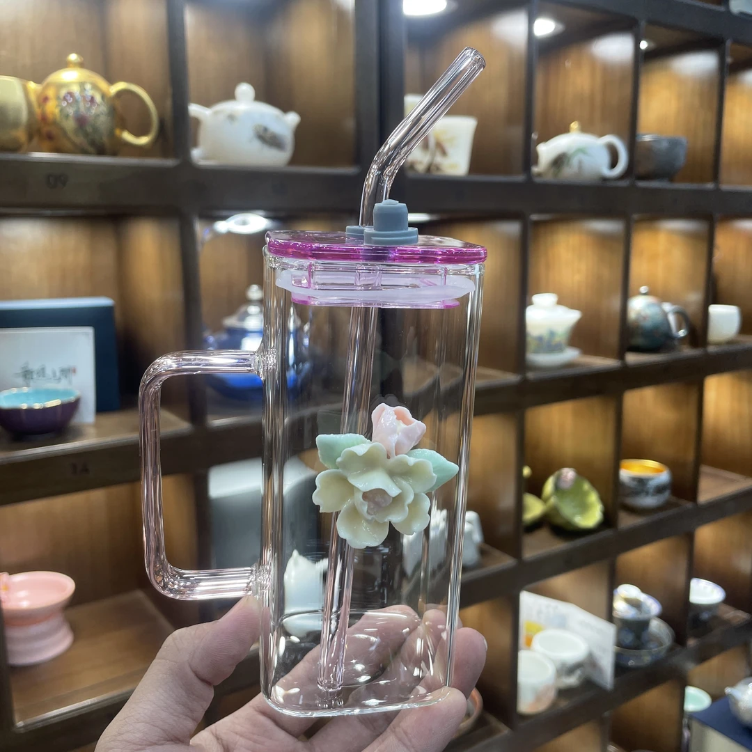 玻璃可加热明火电陶炉耐高温吸管杯粉色把手方型水杯带粉 （播）