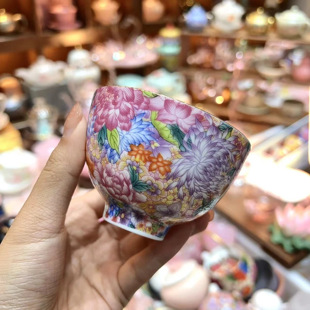 （播）珐琅彩茶杯珍藏满工堆料牡丹花开富贵主人杯手绘描金缠枝