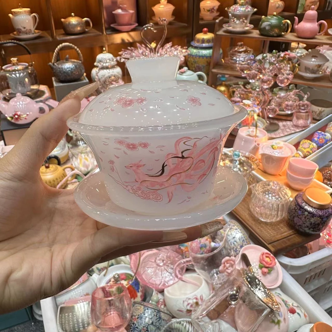 博尚亿白玉九尾盖碗祥瑞寓意家用茶具品茗茶杯泡茶碗