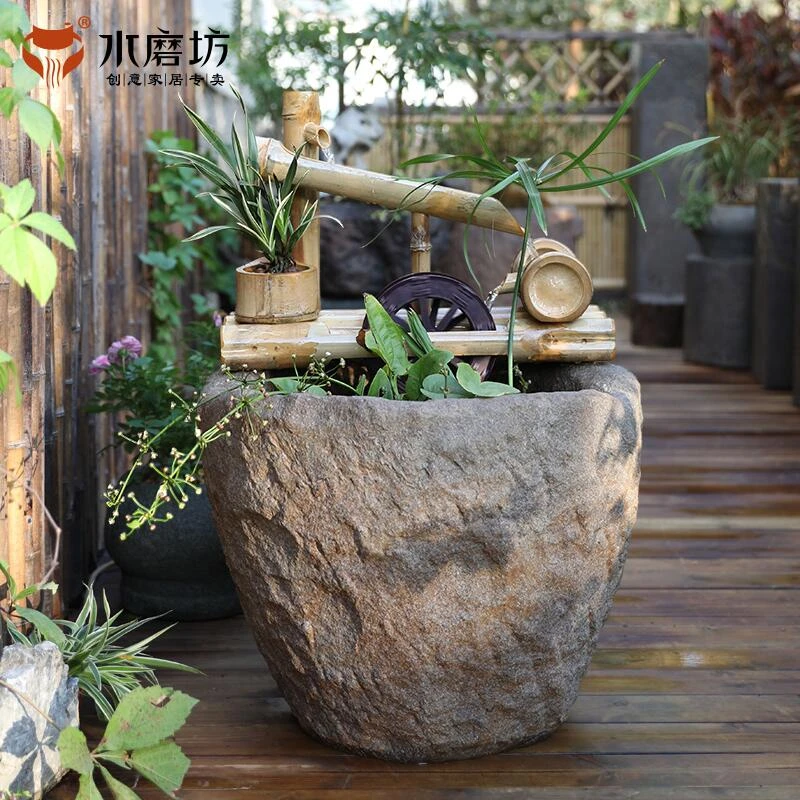 水磨坊风车竹筒流水禅意装饰摆件