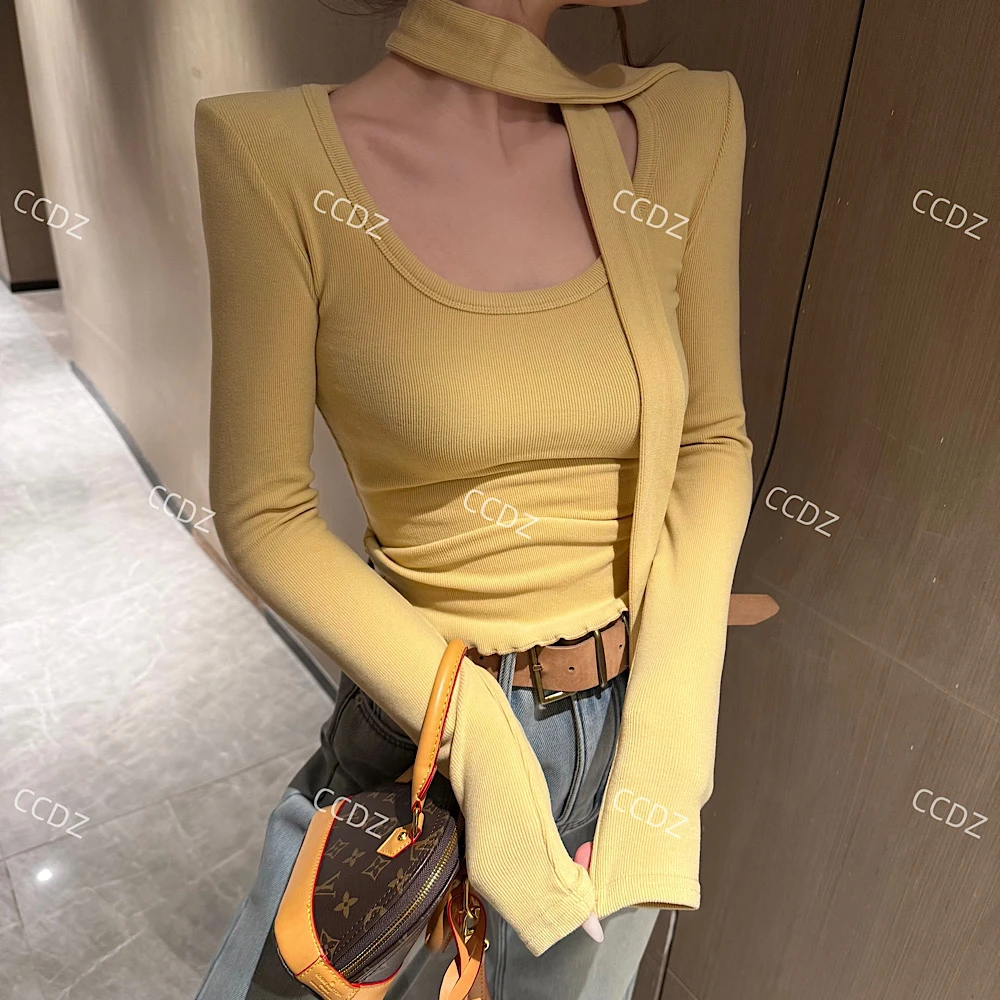 【CCDZ】秋冬新款时尚百搭显瘦双面绒U领配飘带上衣女