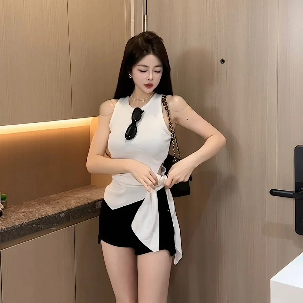 【CCDZ】夏季新款时尚百搭显瘦设计感侧绑带冰丝上衣女