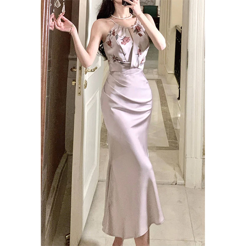 GJFDGood Job【镜花水月】缎面印花拼接鱼尾裙通勤百搭显瘦吊带裙