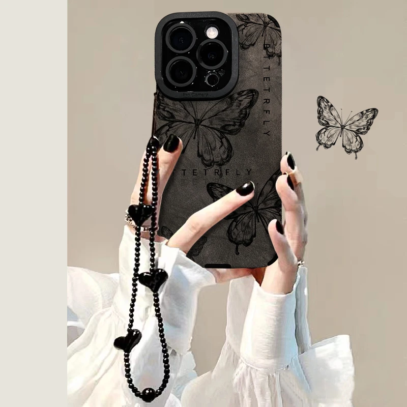 适用于苹果15华为vivo女oppo小米iPhone16线条蝴蝶结皮质手机壳