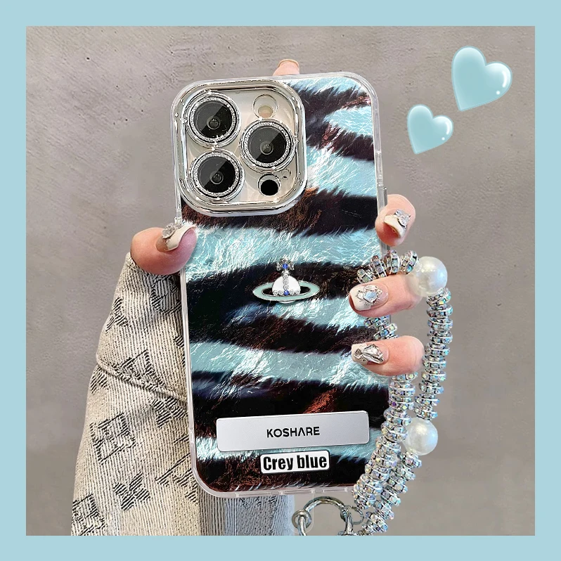 适用苹果16promax华为oppo/vivo小米白蓝条纹冰川纹支架手机壳