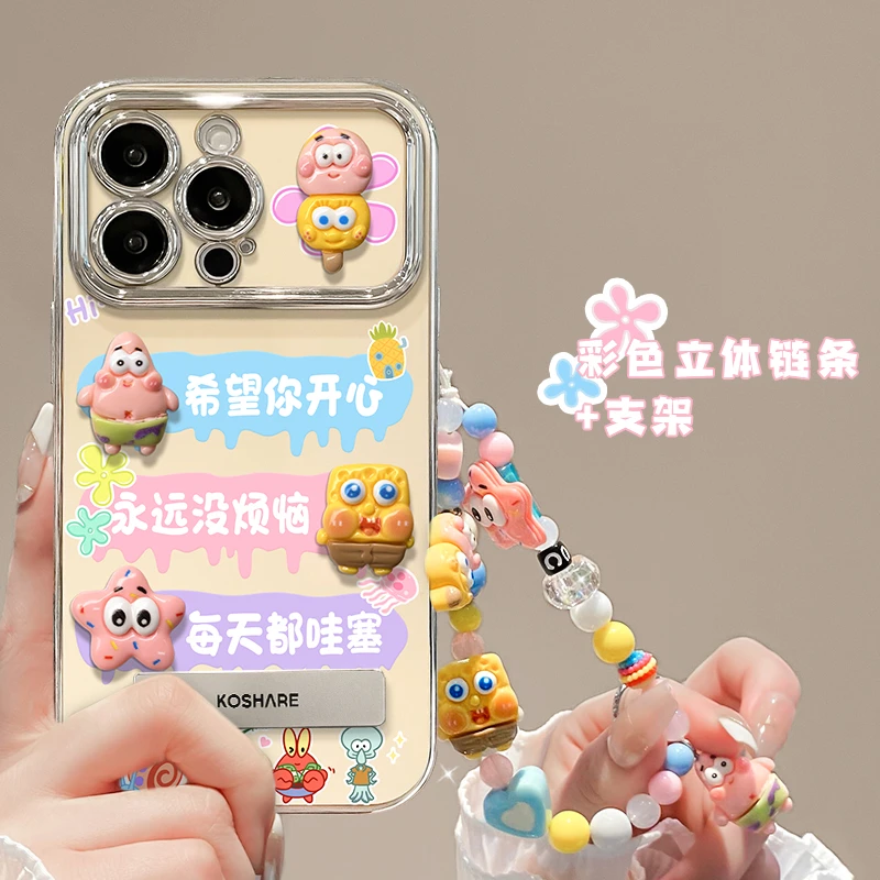 适用苹果17华为vivo小米oppo海绵宝宝公仔电镀大视窗支架手机壳