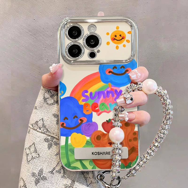 适用苹果15/华为/vivo/oppo/小米花朵涂鸦电镀大视窗支架手机壳