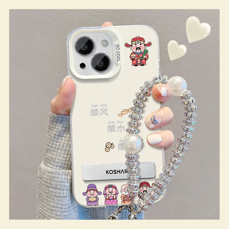 适用苹果vivo华为oppo小米iPhone14五路财神彩银支架壳可爱手机套