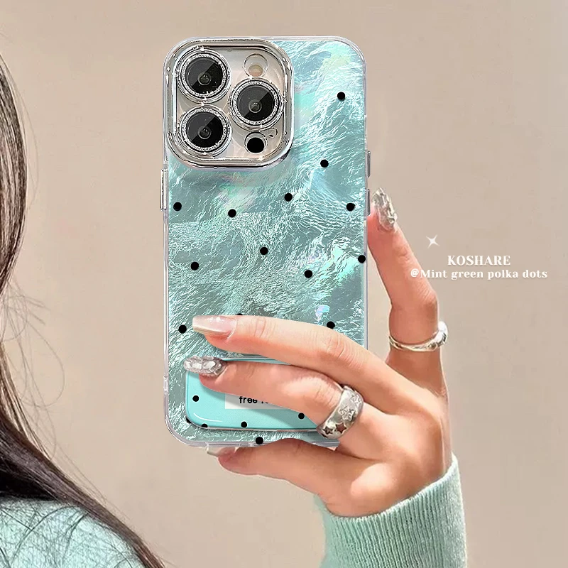 薄荷绿波点适用苹果vivo华为oppo小米iPhone16精孔冰川纹手机壳