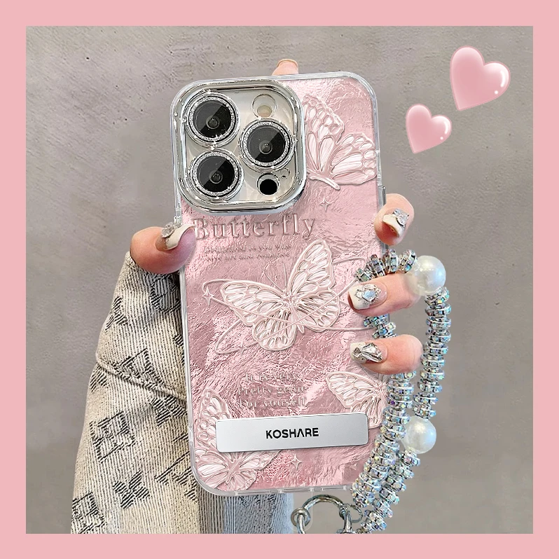 适用苹果vivo华为oppo小米iPhone16金属蝴蝶精孔冰川纹支架手机壳