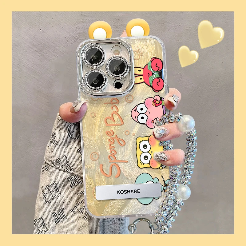 适用苹果vivo华为oppo小米iPhone14海绵宝宝精孔羽纱支架手机壳