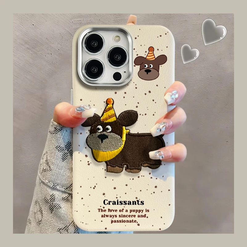 适用苹果16promx华为vivo/oppo小米刺绣小狗金属皮纹手机壳