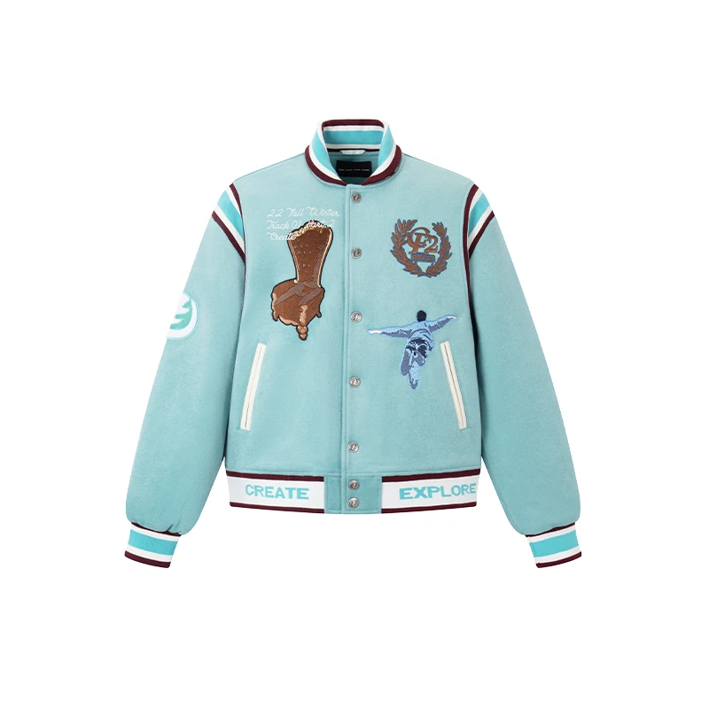 ceec laCEEC 多元素刺绣毛呢棒球夹克 湖蓝色