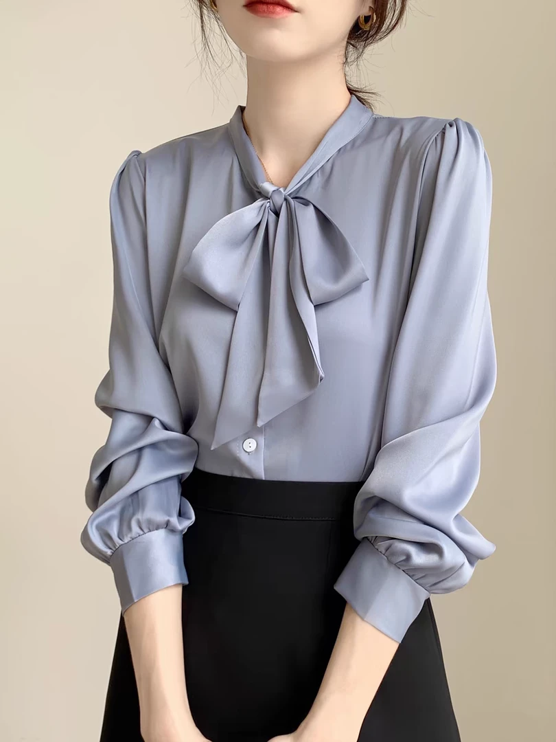 高端醋酸缎面衬衫女春秋2024新款系带蝴蝶结红色上衣职业雪纺衬衣