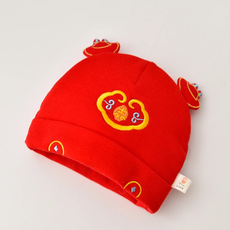 宝宝红色喜庆满月帽新生婴儿纯棉帽子春秋冬季0初生胎帽3个月过年