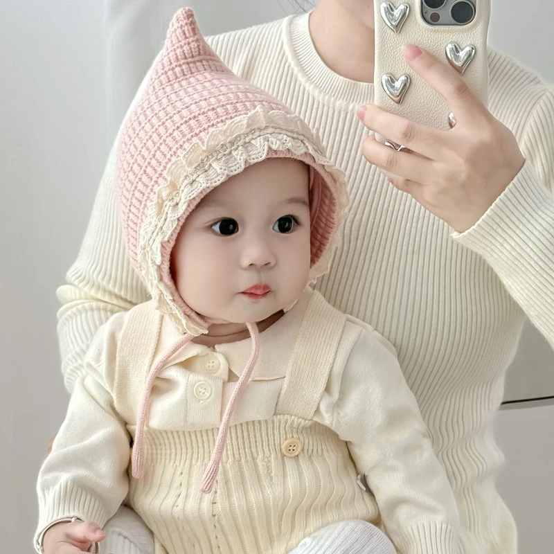 婴儿帽子秋冬款韩版洋气花边檐护耳帽女宝宝亲肤保暖针织精灵帽