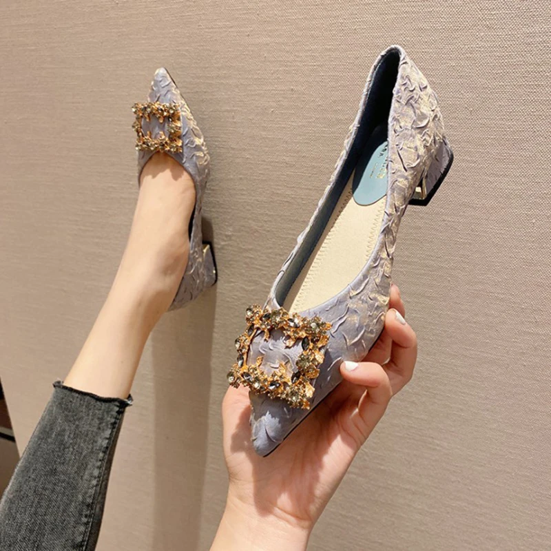 网红高跟女鞋2024爆款洋气尖头粗跟水钻浅口单鞋女款新款百搭女鞋