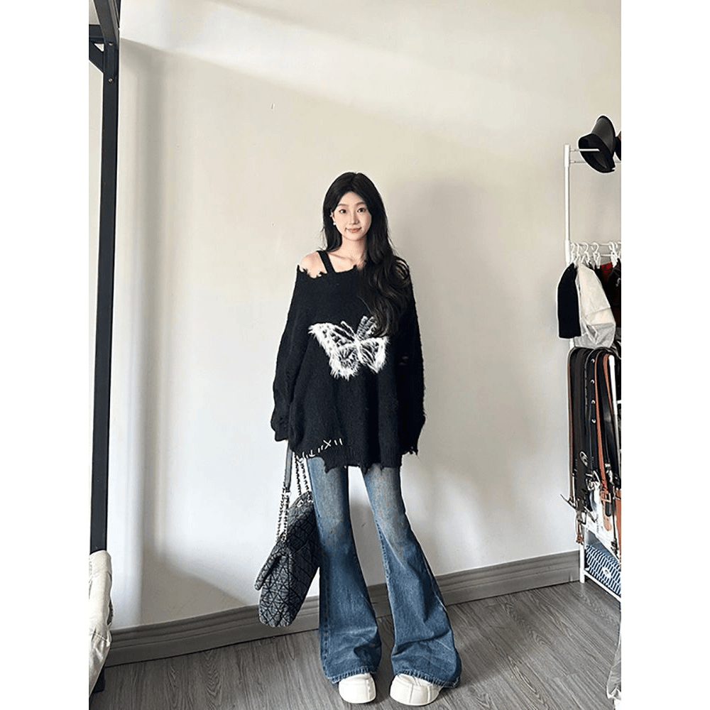 2024新款毛绒蝴蝶结慵懒风软糯毛衣女宽松秋冬设计感破洞针织上衣