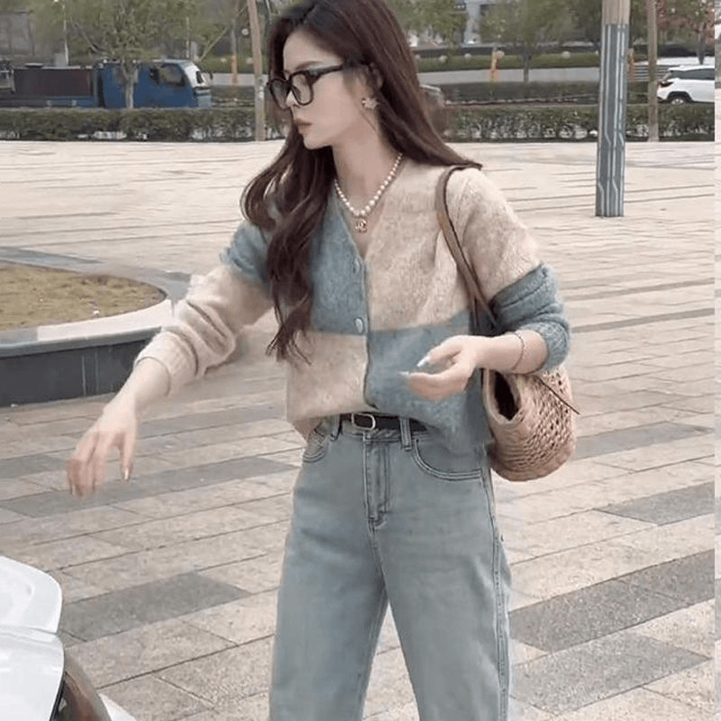 网红毛衣外套女装2024新款潮春秋冬韩系撞色V领针织开衫洋气上衣