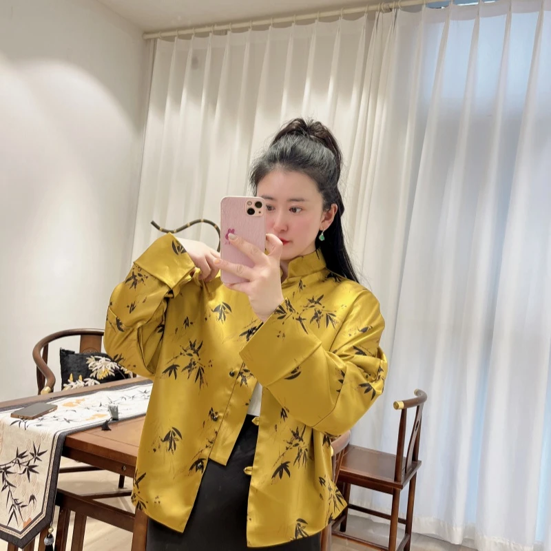 渐变丁达尔风通勤金色立领国风长袖衬衫国潮缎面复古蝙蝠袖上衣