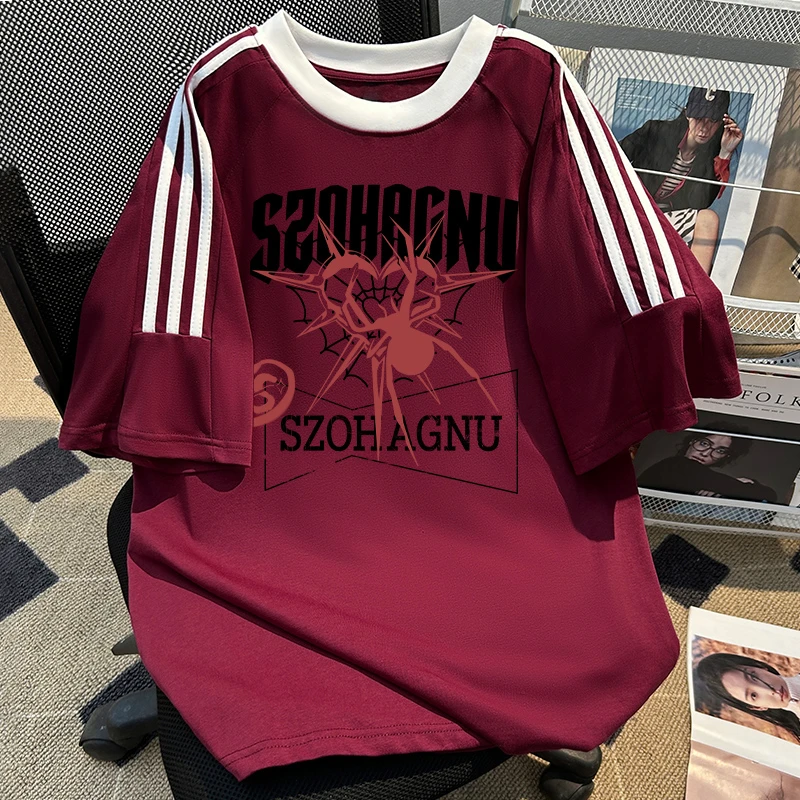 jtrt休闲情侣款蜘蛛印花个性百搭短袖夏季新款美式复古三条杠上衣