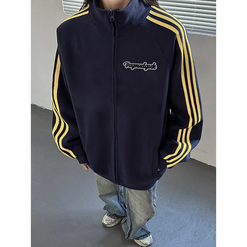 jtrt潮牌秋冬季美式高街宽松立领三条杠开衫拉链男女休闲卫衣外套