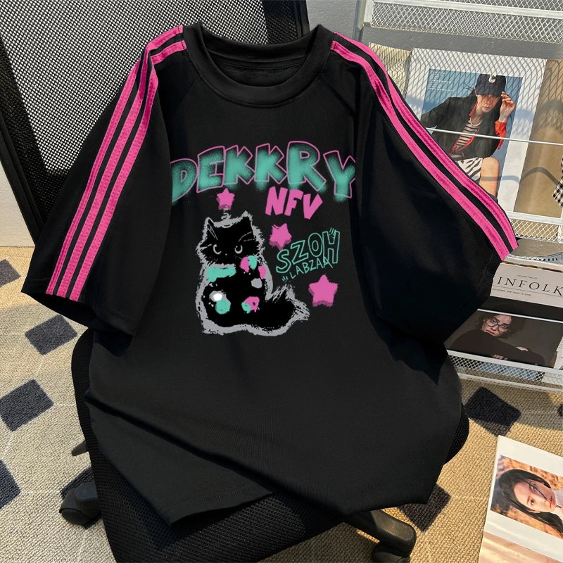 jtrt2024夏季个性猫咪印花三条杠圆领短袖男女款纯棉百搭t恤上衣